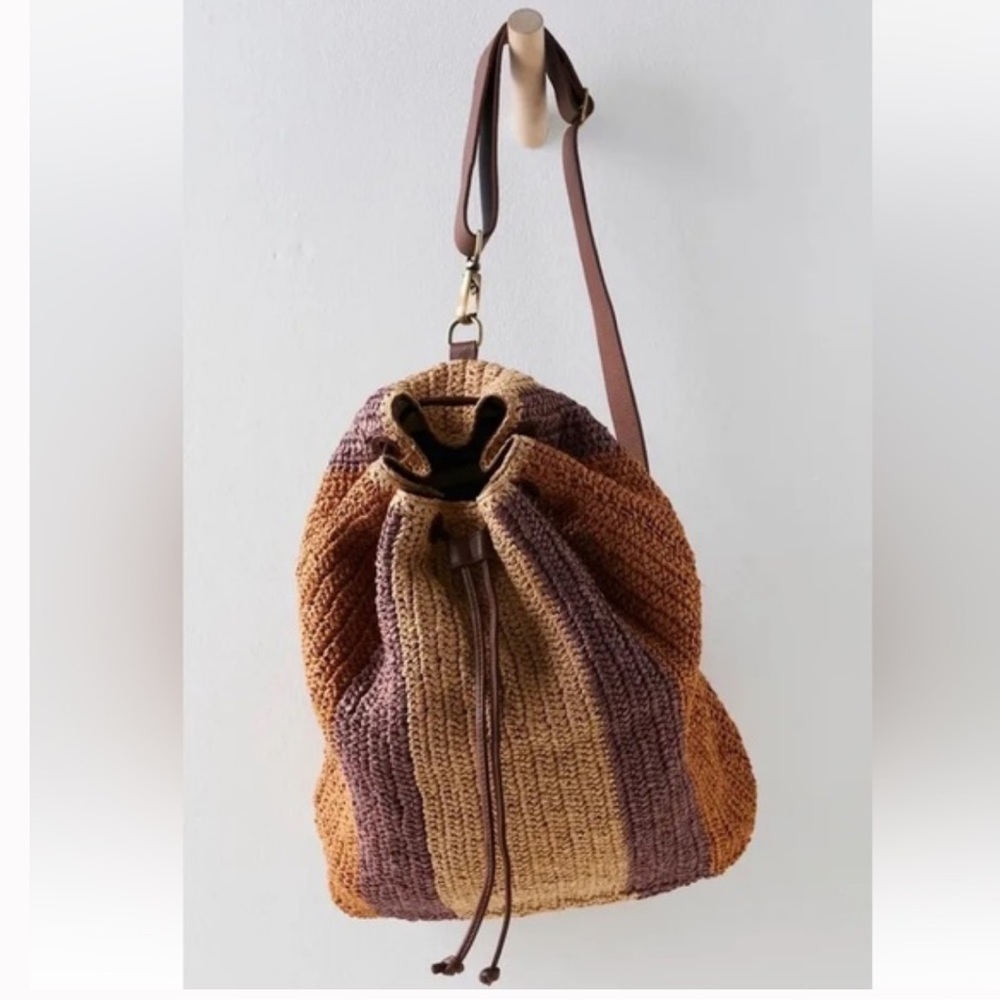 Free People Raffia Drawstring Backpack - Brown, Tan, Purple - Picture 5 of 11